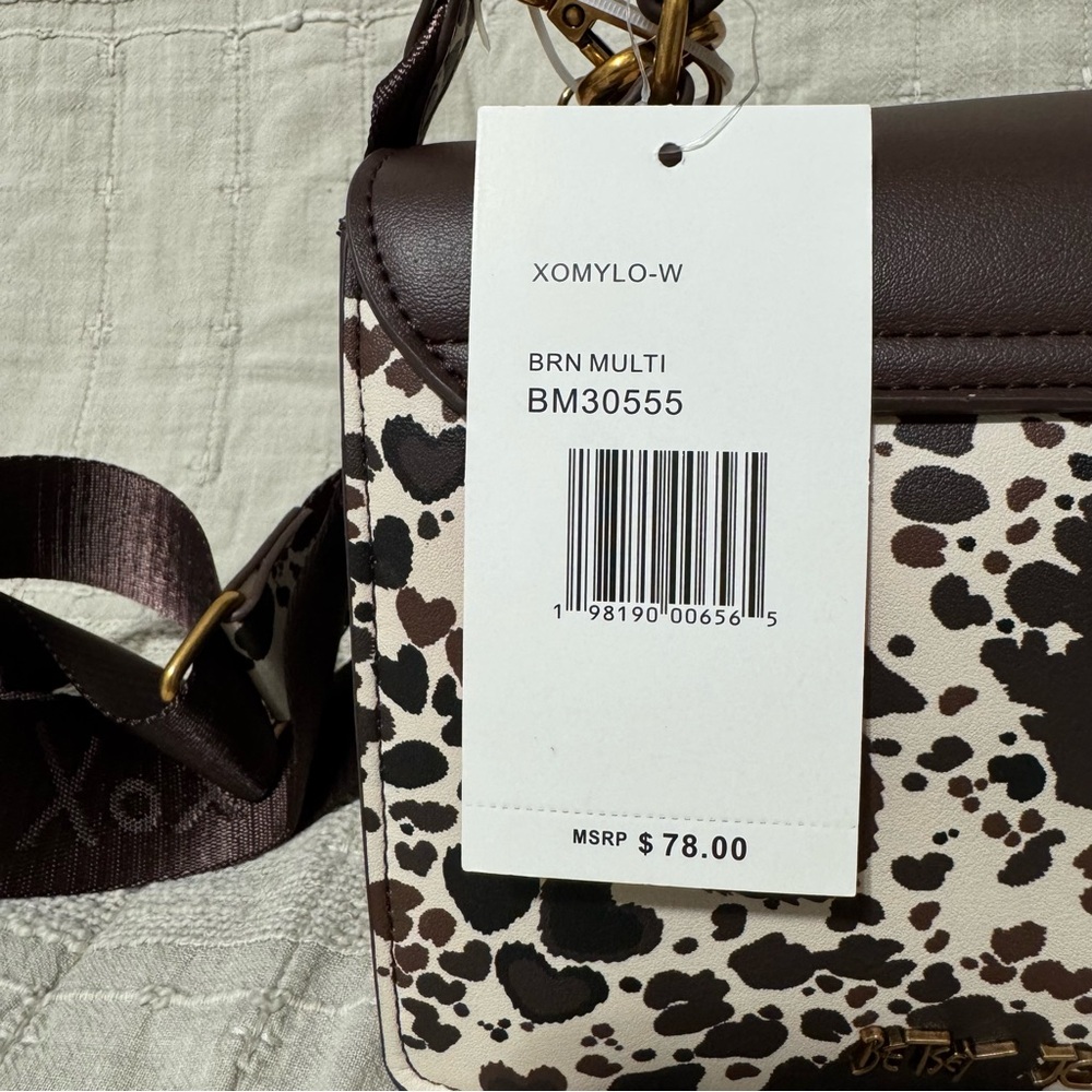 Betsey Johnson Western Brown & Black Cow Crossbody Bag with Heart Accents Charms - Picture 16 of 16